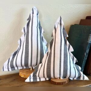 Set of 2 Handmade Plush Black & White Flannel Ticking Christmas Trees